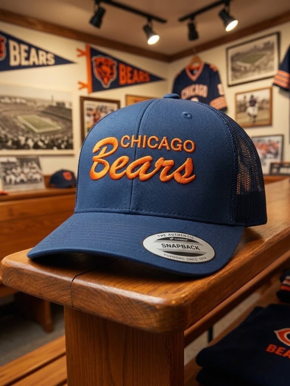 Retro Chicago Bears Hat Script Football Navy Blue Yupoong Snapback Cap USA New